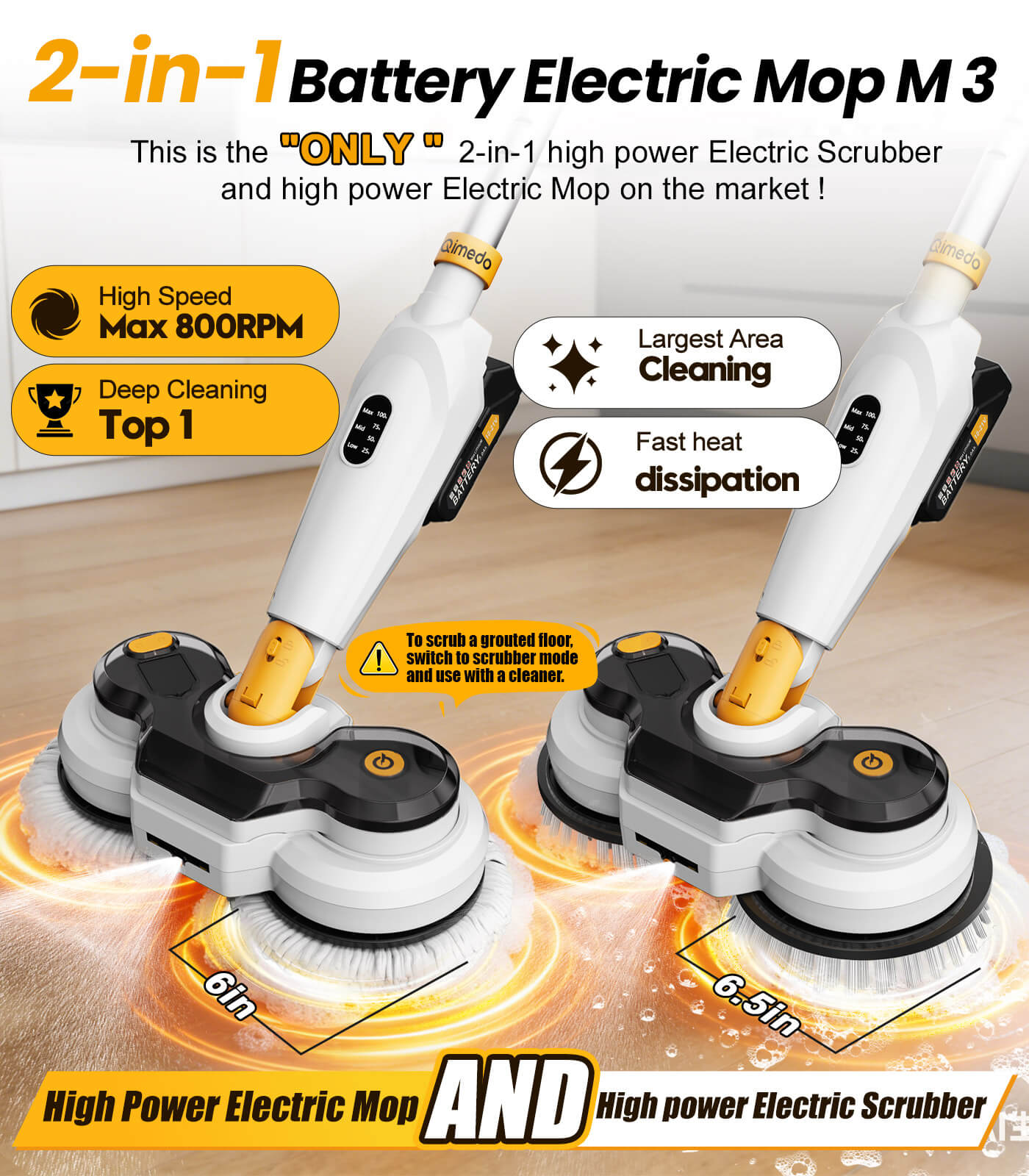 AZProClean™ Battery Electric Mop M3 – 800RPM Cordless Power Scrubber & Mop